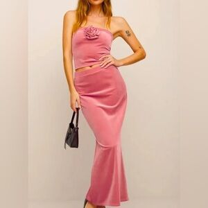 Reformation Adalynn Velvet Maxi Skirt Two Piece Set Pink